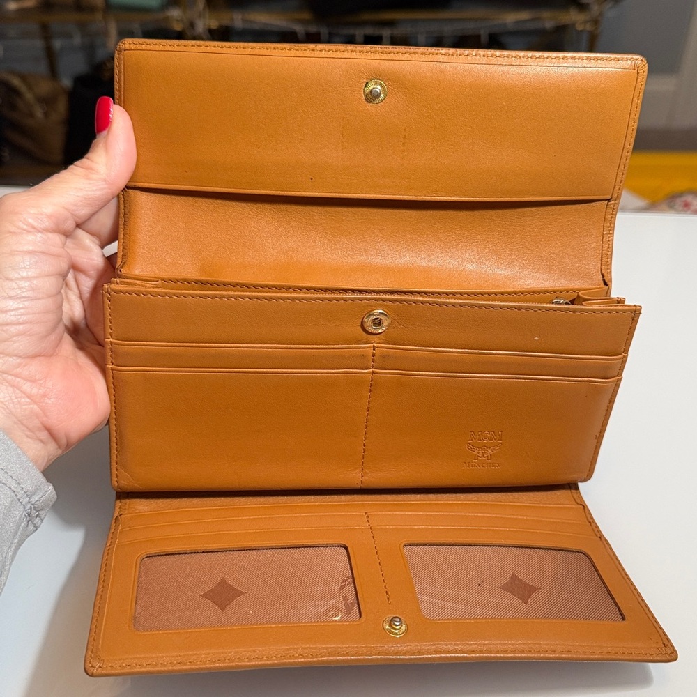 MCM Brown and Black Logo Continental Wallet with Orange Accent - Picture 3 of 11